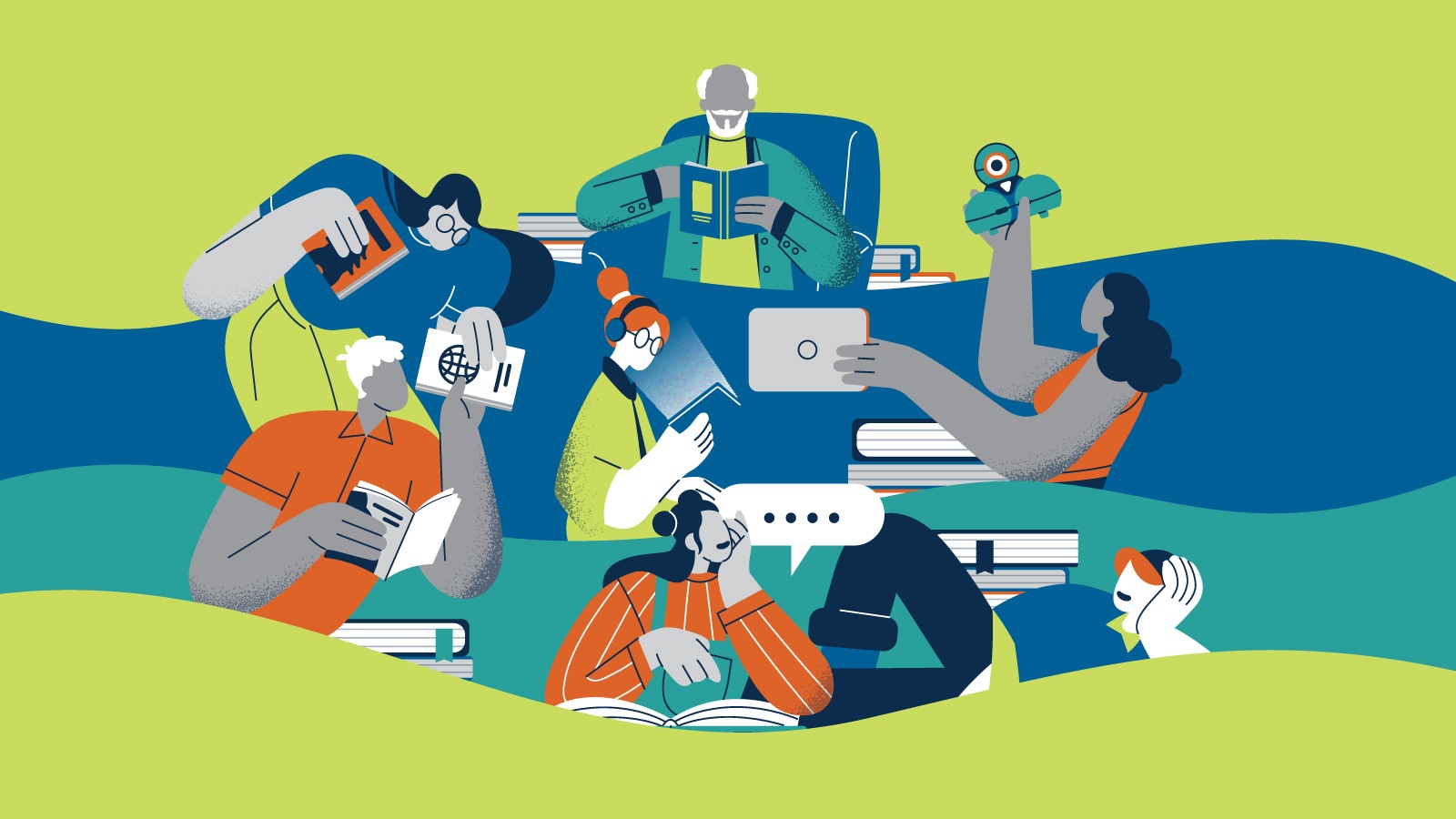 Illustrated characters participating in reading activities