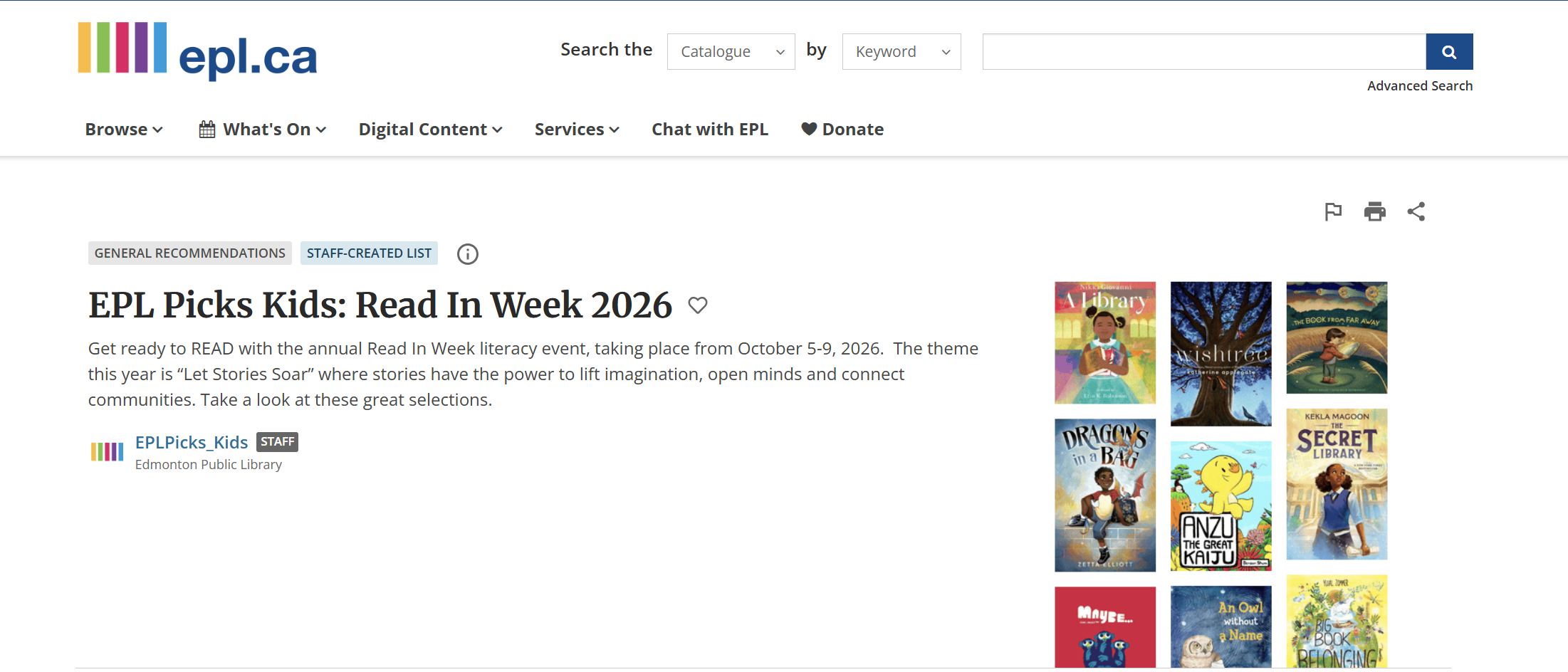 Photo of the EPL website with the title EPL Picks Kids: Read In Week 202